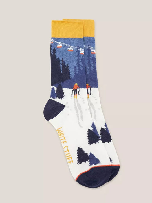 White Stuff Men's Blue Multi Ski Scenic Socks in a Cracker