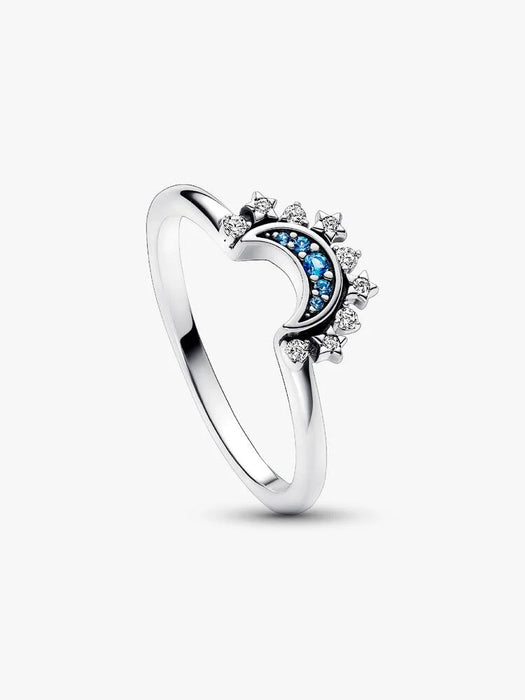 Pandora Celestial Blue Sparkling Moon Ring Sterling Silver