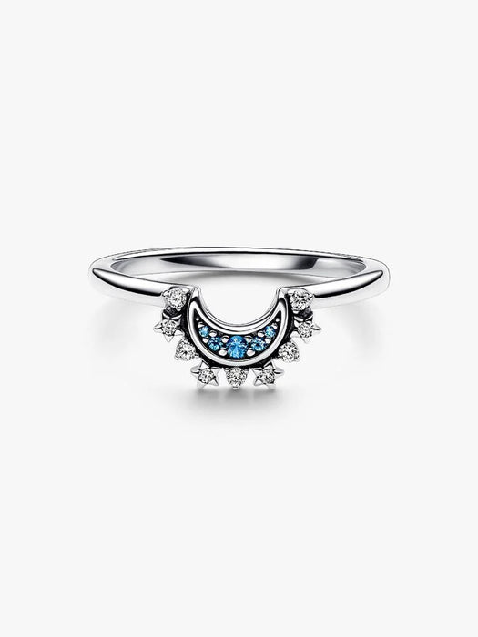 Pandora Celestial Blue Sparkling Moon Ring Sterling Silver