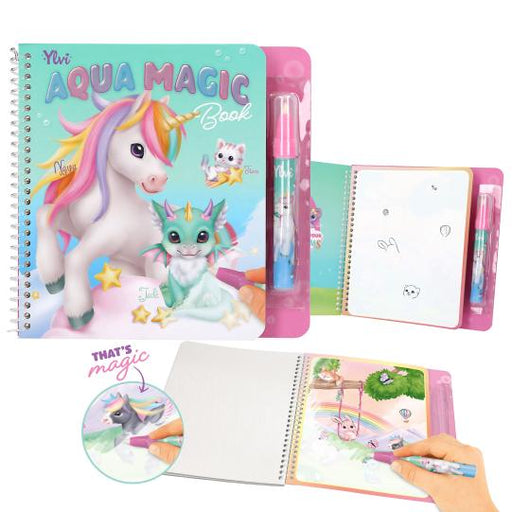 Unicorn-themed coloring book with pen and open book showing illustrations on a white background