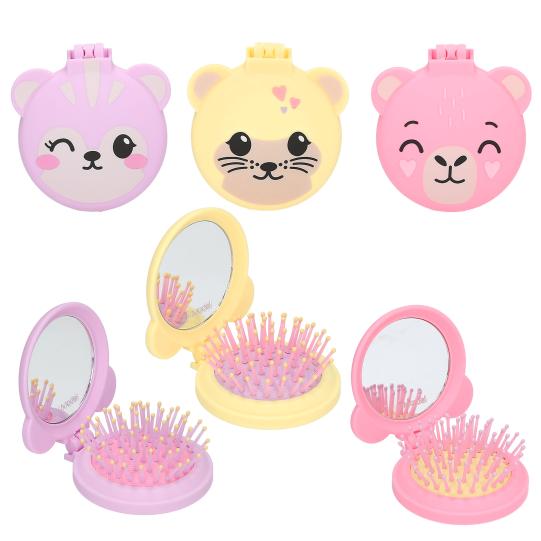 Set of three cartoon animal-shaped hairbrushes with mirrors on a white background