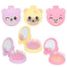 Set of three cartoon animal-shaped hairbrushes with mirrors on a white background