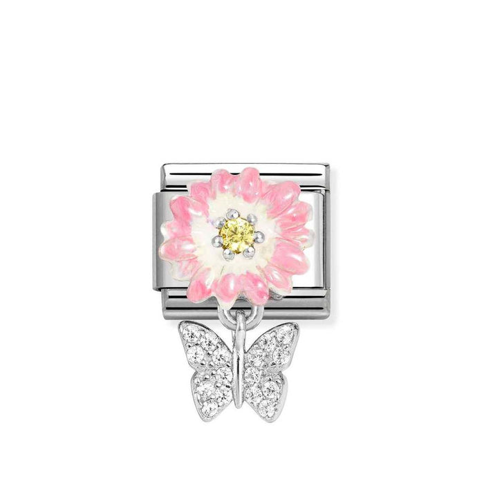 Nomination Classic Silver Pink & Yellow Flower With Butterfly Drop Pendant Charm