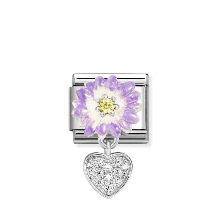 Nomination Classic Silver Purple & Yellow Flower With Heart Drop Pendant Charm
