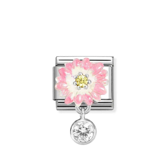 Nomination Classic Silver Pink & Yellow Flower With Circle Drop Pendant Charm