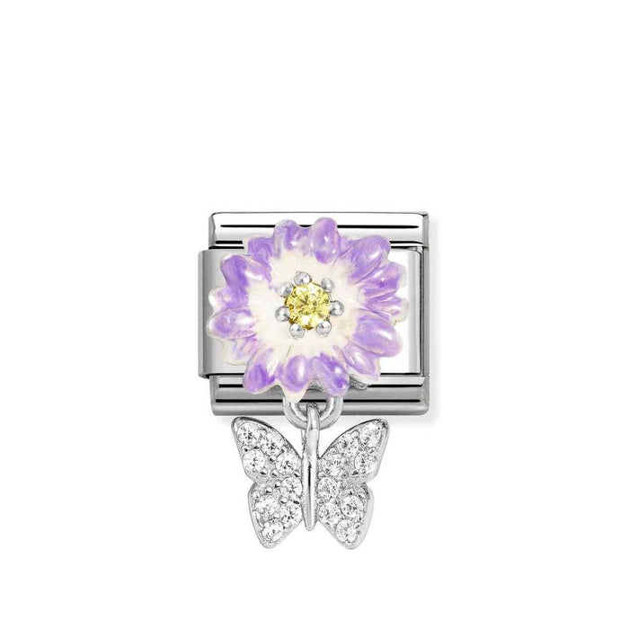 Nomination Classic Silver Purple & Yellow Flower With Butterfly Drop Pendant Charm