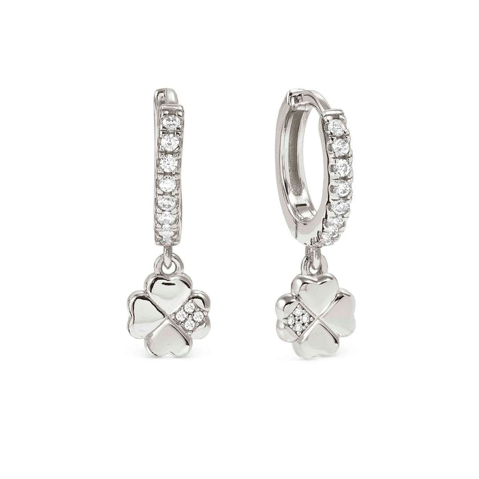 Nomination Petit Sparkle Four Leaf Clover With White Stone Silver Hoop Earrings