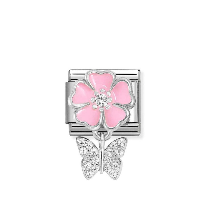 Nomination Classic Silver Pink Flower With Butterfly Drop Pendant Charm