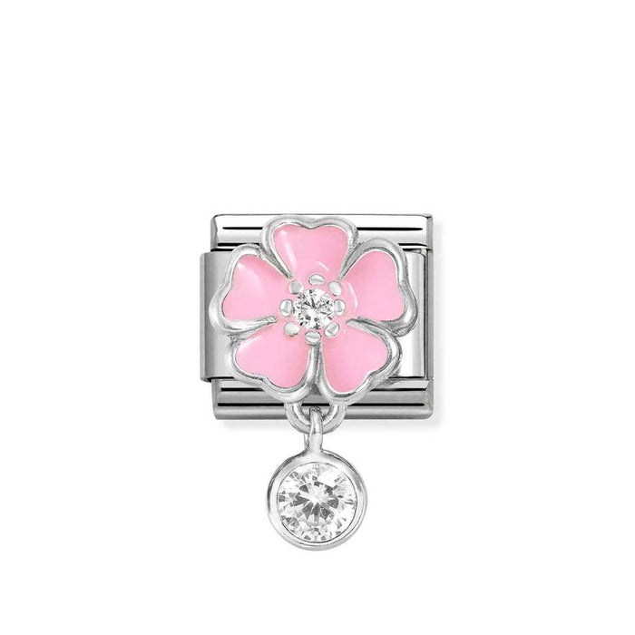 Nomination Classic Silver Pink Flower With Circle Drop Pendant Charm