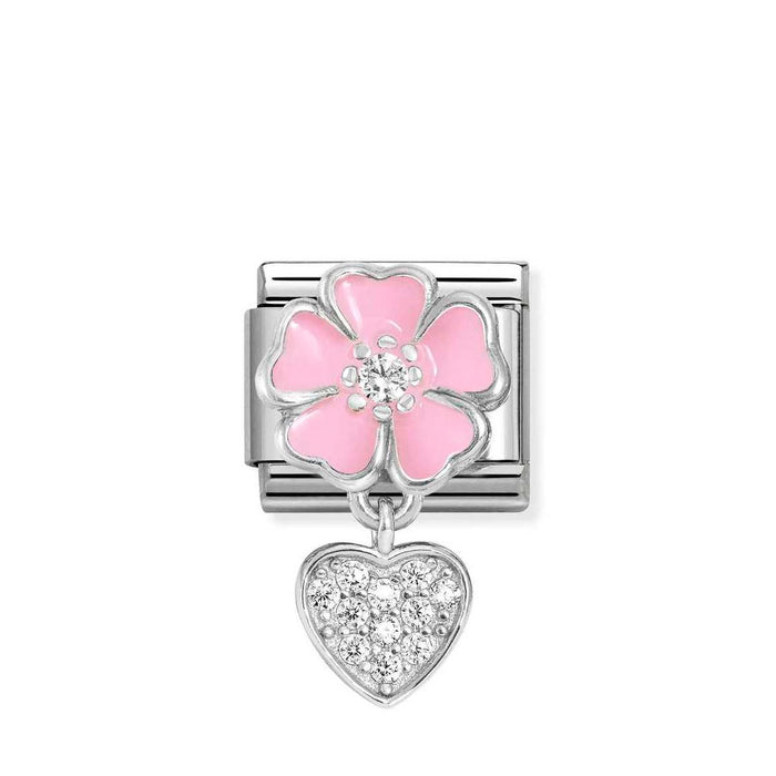 Nomination Classic Silver Pink Flower With Heart Drop Pendant Charm