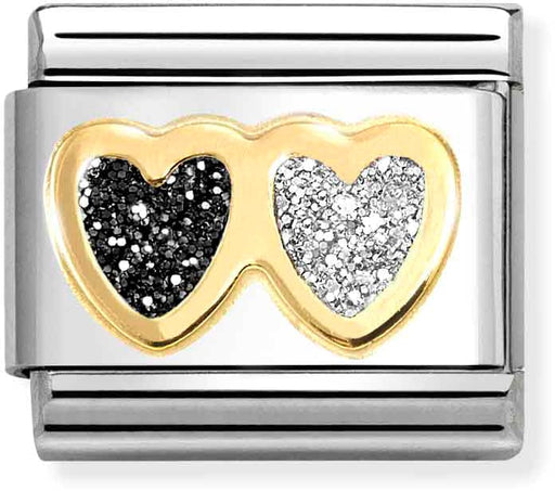 Nomination-Classic-Gold-Black-&-Silver-Glitter-Double-Heart-Charm