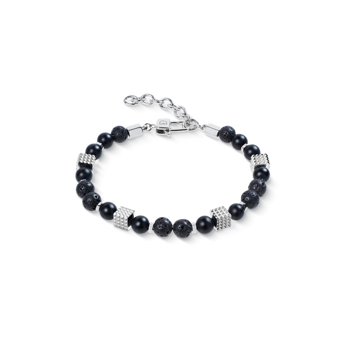 Coeur De Lion Onyx and Lava Bead Bracelet with Mini Spikes Cubes in Stainless Steel