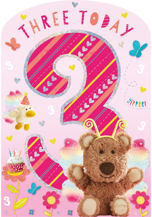 Happy birthday card with a teddy bear, number 3, and colorful decorations on a pink background.