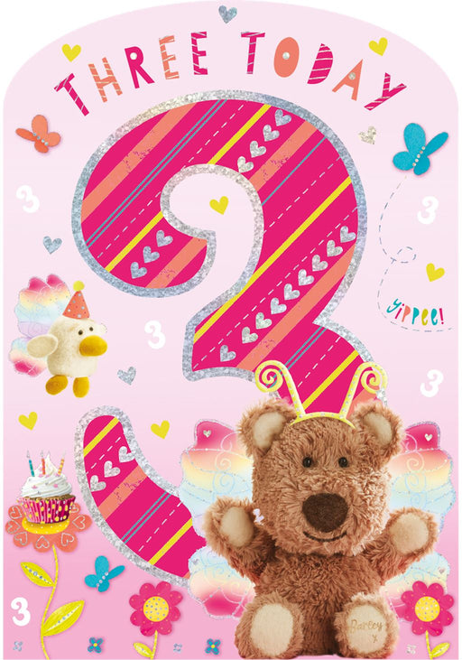 Happy birthday card with a teddy bear, number 3, and colorful decorations on a pink background.