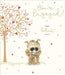 Card with a cartoon dog holding a baby shower gift, heart tree, and text 'You're Engaged! What brilliant news!' on a white background.