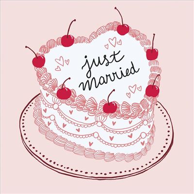 Illustration of a wedding cake with 'just married' text and cherries on a pink background