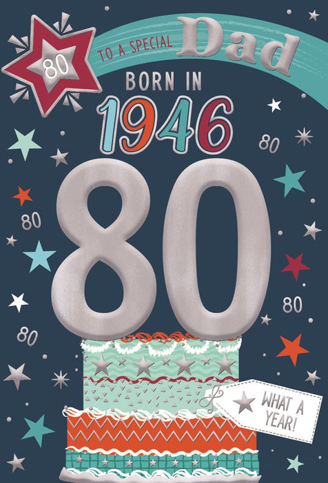 80th birthday card for a special dad born in 1946 with colorful stars and a cake design on a dark blue background.