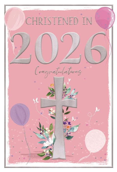 Card with 'Christened in 2026' text and cross design on a pink background