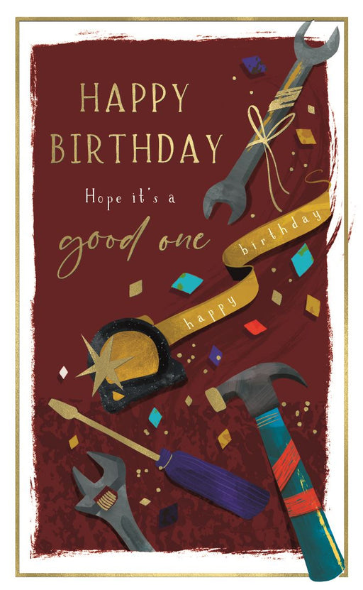 Birthday card with tools and confetti on a red background