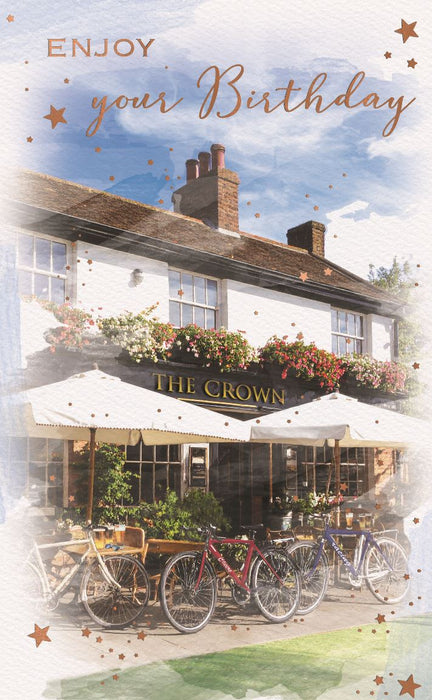 Birthday card with 'The Crown' pub and bicycles on a scenic background