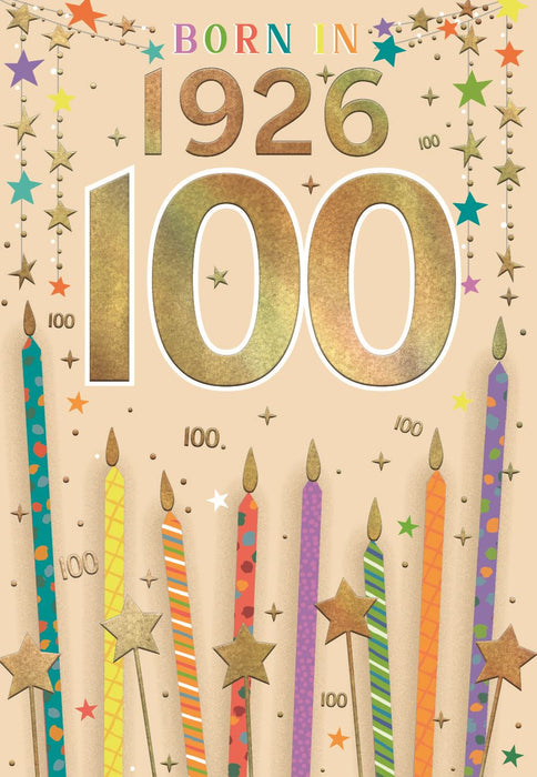Birthday card celebrating a 100th birthday with candles and stars on a beige background.