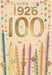 Birthday card celebrating a 100th birthday with candles and stars on a beige background.