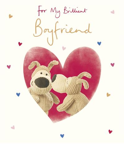 Card with two dog toys inside a heart shape and 'For My Brilliant Boyfriend' text on a white background.