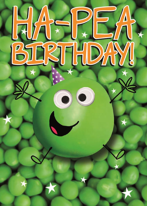 Green pea character with 'HA-PEA BIRTHDAY!' text on a green background