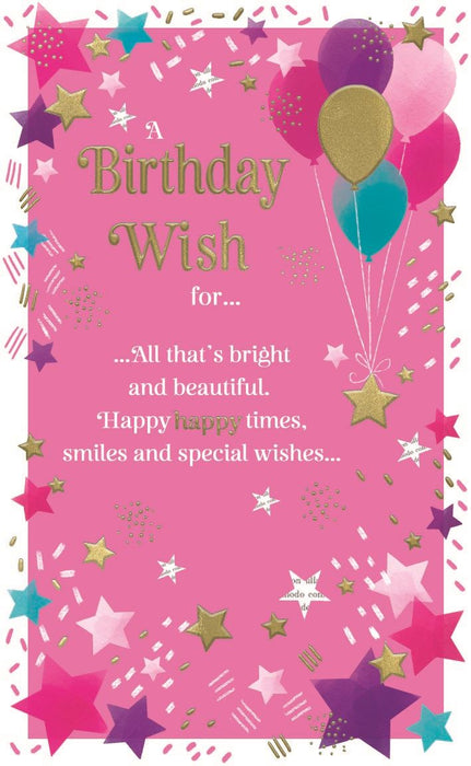 Pink birthday card with gold foil-style text reading 'A Birthday Wish for.