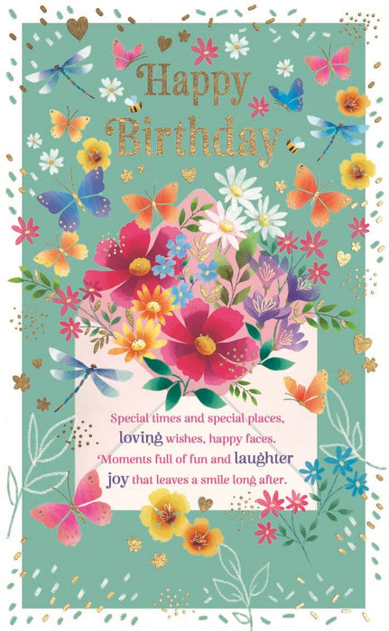 A square Happy Birthday greeting card featuring a colorful floral and butterfly illustration on a mint green background, with decorative gold foil-like speckles and a quote printed near the bottom.