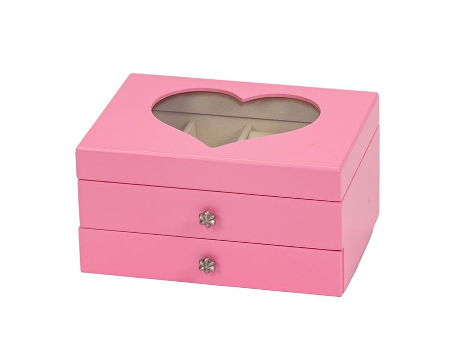A pink wooden jewelry box with two drawers and a heart-shaped window on the lid, shown on a plain white background.