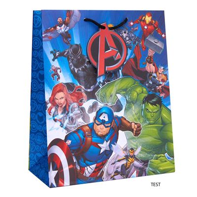 Marvel Avengers themed gift bag featuring illustrations of Captain America, Hulk, Iron Man, Thor, Black Panther, and other superheroes on a blue background with a black hanging strap.