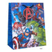 Marvel Avengers themed gift bag featuring illustrations of Captain America, Hulk, Iron Man, Thor, Black Panther, and other superheroes on a blue background with a black hanging strap.