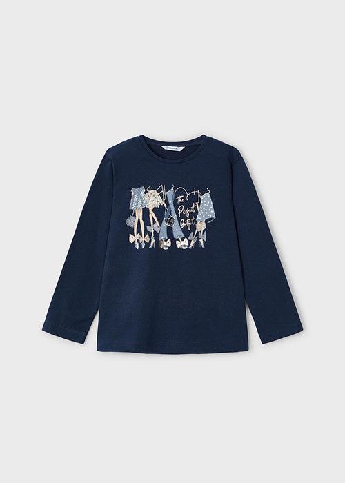 Mayoral Girls Long Sleeved Print T-shirt Dark Navy