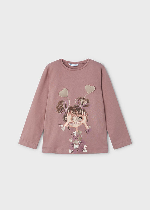 Mayoral Girls Long Sleeved Girl Print T-shirt Rose Pink