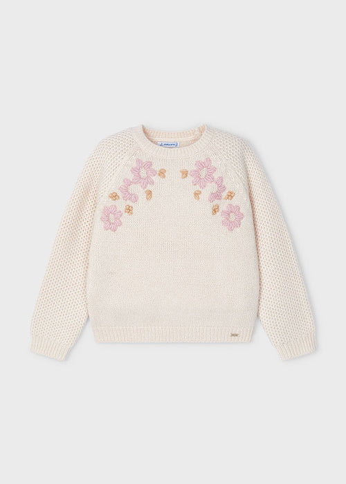 Mayoral Girls Embroidered Flower Jumper Cream