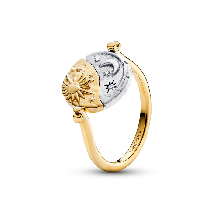 Pandora Sun & Moon Reversible Medallion Ring Sterling Silver & 14k Gold Plating