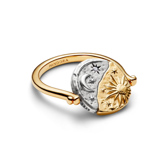 Pandora Sun & Moon Reversible Medallion Ring Sterling Silver & 14k Gold Plating