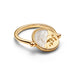 A gold signet ring by Pandora featuring a white mother-of-pearl winged horse relief on a white background.
