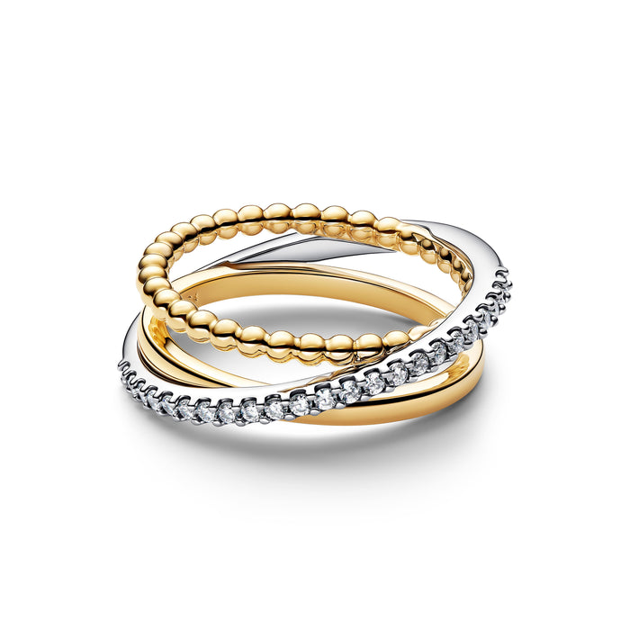 Pandora Crossover Beads & Pavé Triple Band Ring Sterling Silver & 14k Gold Plating