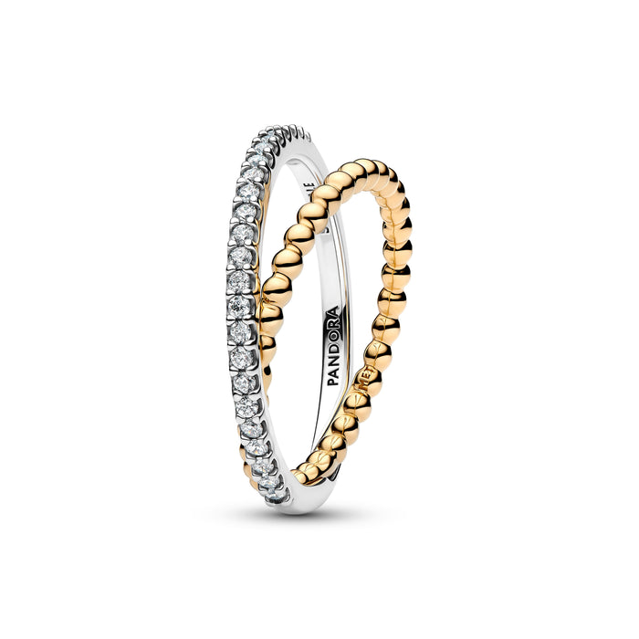 Pandora Crossover Beads & Pavé Double Band Ring Sterling Silver & 14k Gold Plating