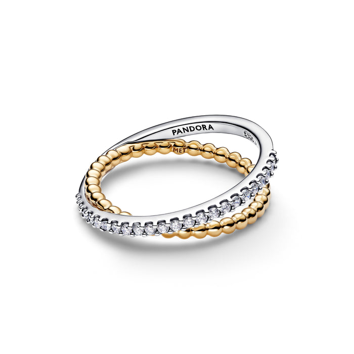 Pandora Crossover Beads & Pavé Double Band Ring Sterling Silver & 14k Gold Plating
