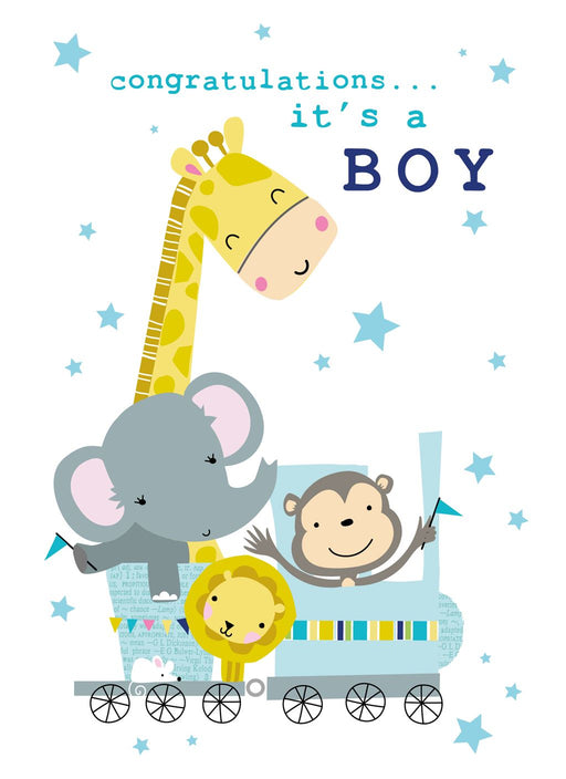 A baby boy's birthday card featuring a cute cartoon illustration of safari animals on a train. The text at the top reads 'congratulations.