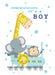 A baby boy's birthday card featuring a cute cartoon illustration of safari animals on a train. The text at the top reads 'congratulations.