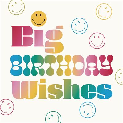 Colorful 'Big Birthday Wishes' text with smiley face icons on a white background