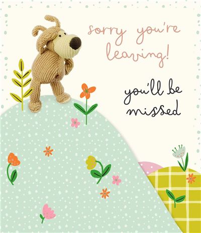 A square greeting card design with a knitted dog character standing on a pale green hill with small flowers. The card reads 'sorry you're leaving!' in pink script and 'you'll be missed' in black script on an off-white background.