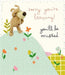A square greeting card design with a knitted dog character standing on a pale green hill with small flowers. The card reads 'sorry you're leaving!' in pink script and 'you'll be missed' in black script on an off-white background.