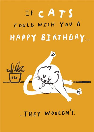 Birthday card with a cat illustration and humorous text on an orange background