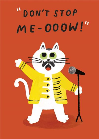Cat in a yellow raincoat with a microphone on an orange background, featuring text 'Don't stop me-ooow!'.