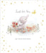 Greeting card with a cute illustration of a baby elephant holding flowers, surrounded by stars and butterflies, with 'Just for You On Your Birthday' text.